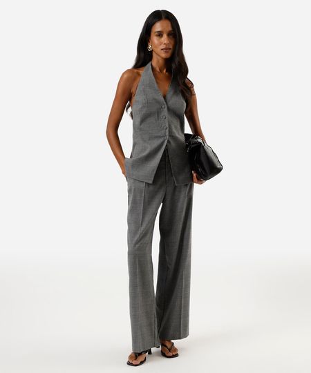 calça de alfaiataria feminina com pregas xadrez cinza 44 calça de alfaiataria feminina com pregas xadrez cinza 44