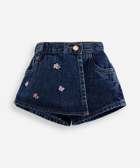 short saia infantil jeans bordado flores azul 1 short saia infantil jeans bordado flores azul 1