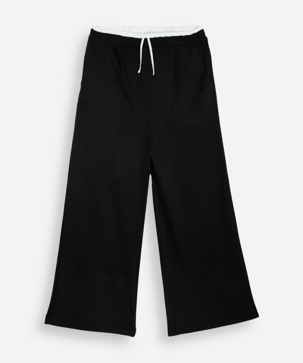 calça wide leg juvenil de moletom cós elástico preta