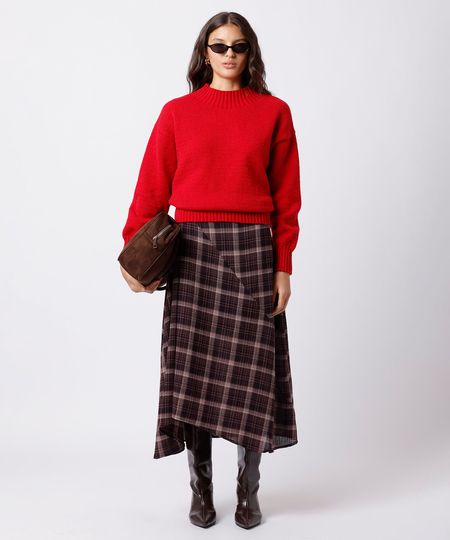 saia midi feminina com recorte assimétrico xadrez mindset vinho 46 saia midi feminina com recorte assimétrico xadrez mindset vinho 46