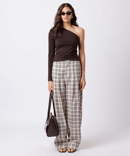 calça feminina de sarja com pregas xadrez mindset colorida 34