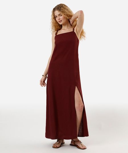 vestido longo alça fina feminino com linho e fenda vinho M vestido longo alça fina feminino com linho e fenda vinho M