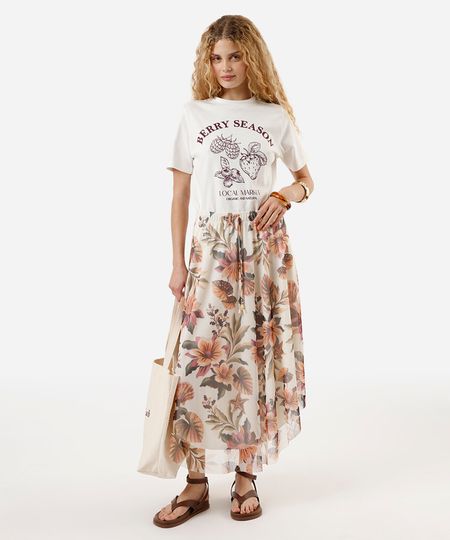 saia midi feminina de tule floral amarela PP
