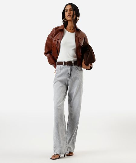 calça wide leg slim feminina jeans cintura alta cinza 38