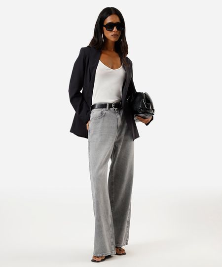 calça oversized feminina jeans cintura média cinza 42