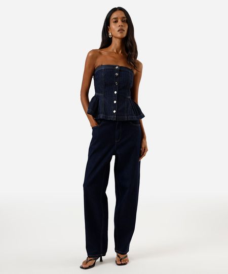 calça jeans baggy stretch cintura alta azul 34