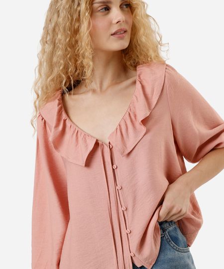 bata feminina com viscose e babados manga longa rosa G bata feminina com viscose e babados manga longa rosa G