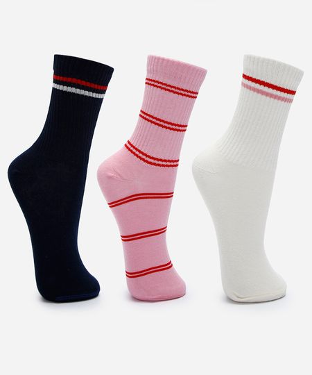 kit de 3 meias cano alto caneladas listradas colorido 34-39