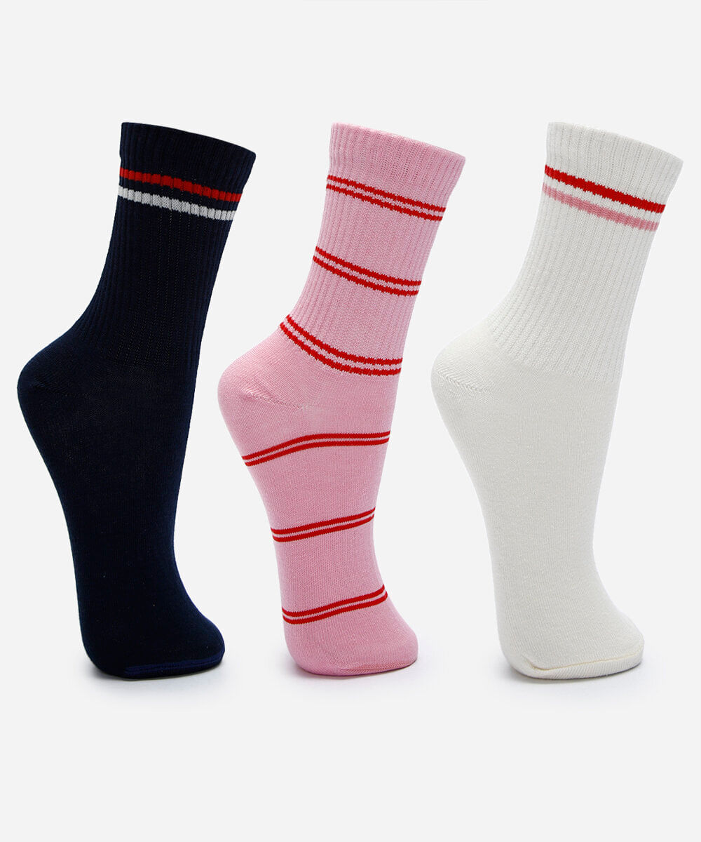 kit de 3 meias cano alto caneladas listradas colorido