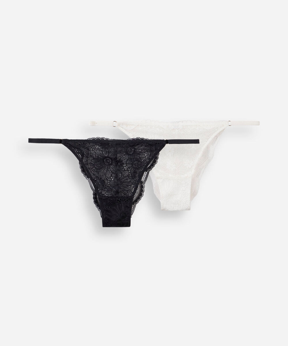 kit de 2 calcinhas string feminino com renda floral colorido