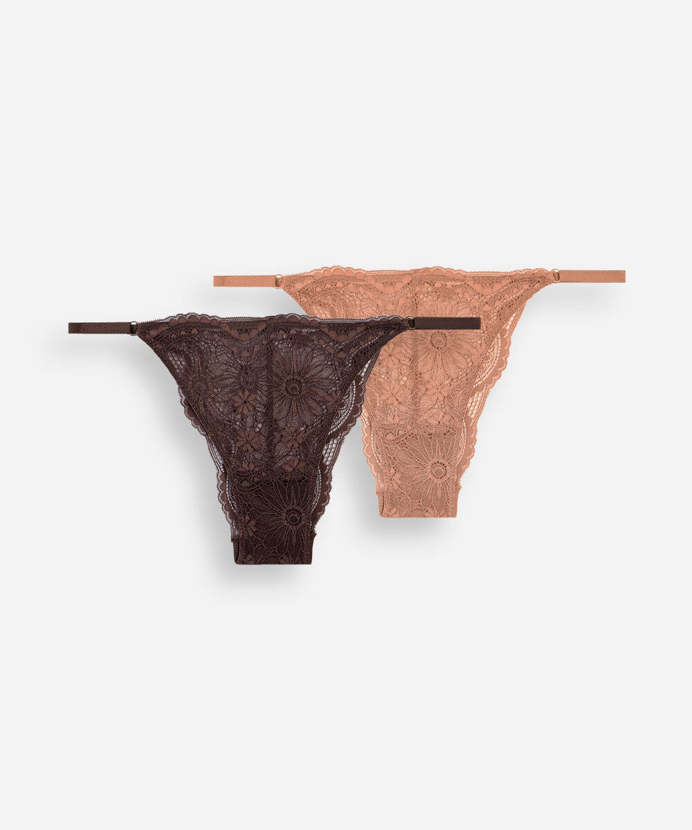 kit de 2 calcinhas string feminina de renda floral colorido