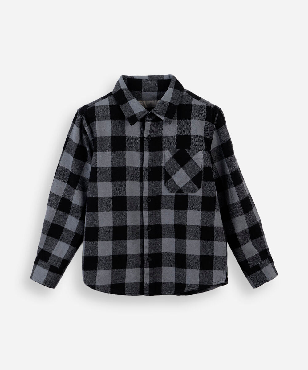 camisa de algodão infantil manga longa xadrez cinza