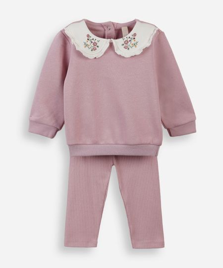 conjunto infantil de moletom com gola floral lilás 6-9