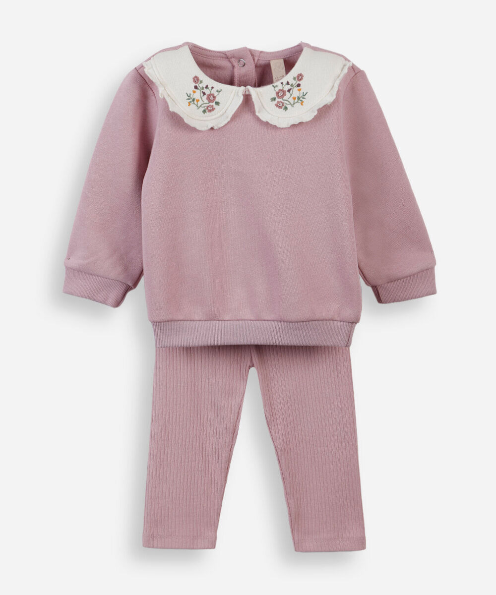 conjunto infantil de moletom com gola floral lilás