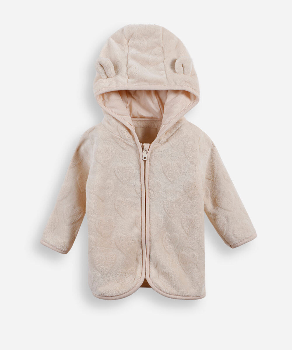 jaqueta infantil com capuz e orelhas texturizada bege