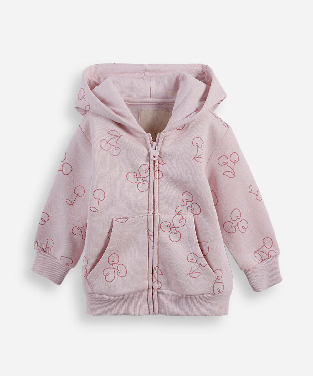 blusão infantil de moletom com capuz e zíper cerejas rosa