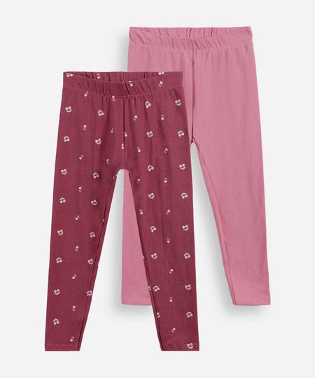 kit de 2 calças legging infantil de algodão cerejas multicor 2