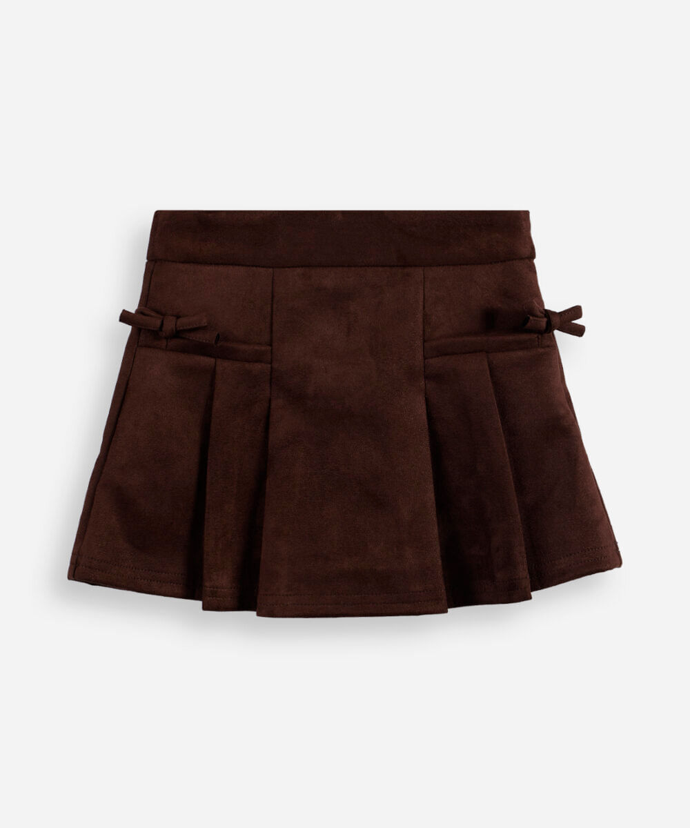 short saia infantil de suede com pregas e laços marrom