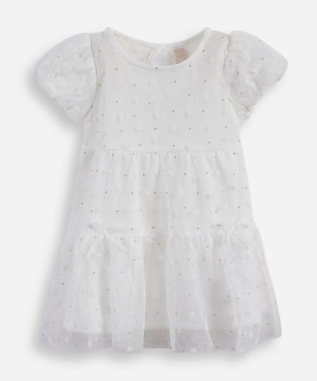 vestido infantil de tule com recortes e brilhos floral off white 3-6