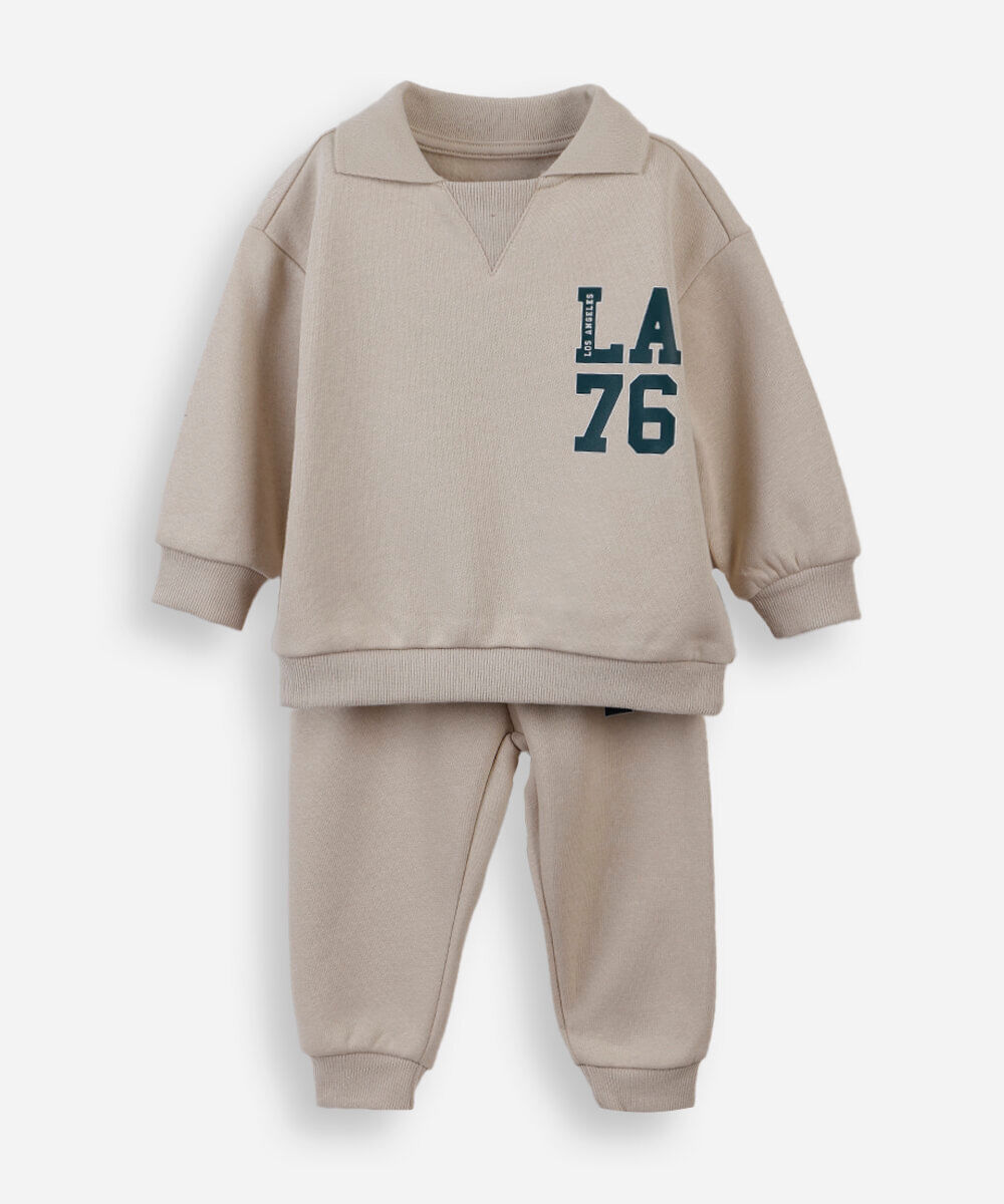 conjunto infantil de moletom com gola polo bege