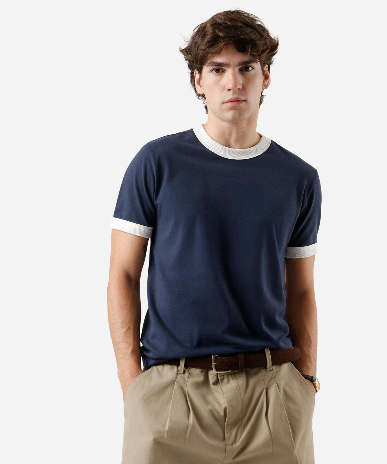 camiseta masculina de algodão bicolor azul