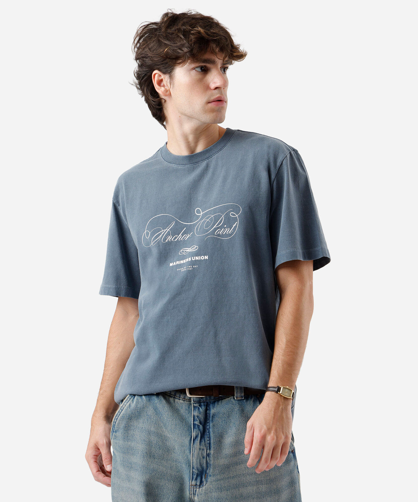 camiseta masculina de algodão estampada estonada azul