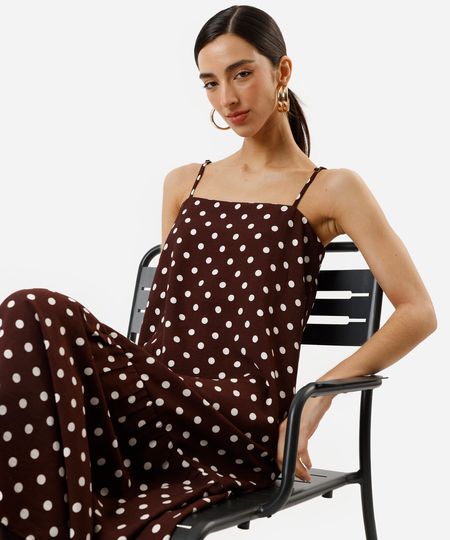 vestido midi alça fina feminino com viscose e recorte poá marrom G vestido midi alça fina feminino com viscose e recorte poá marrom G