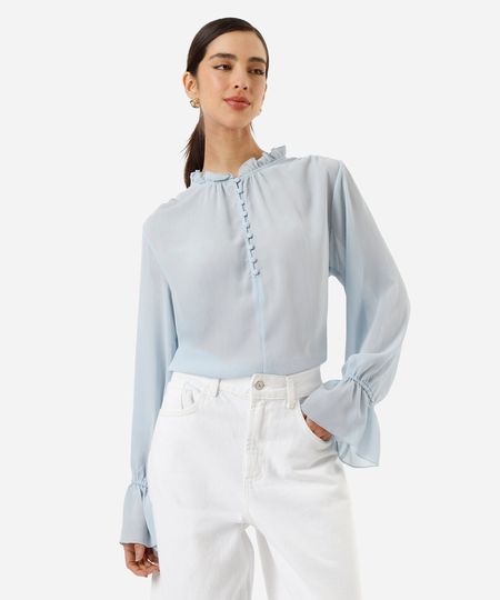 bata feminina com babado texturizada azul GG bata feminina com babado texturizada azul GG