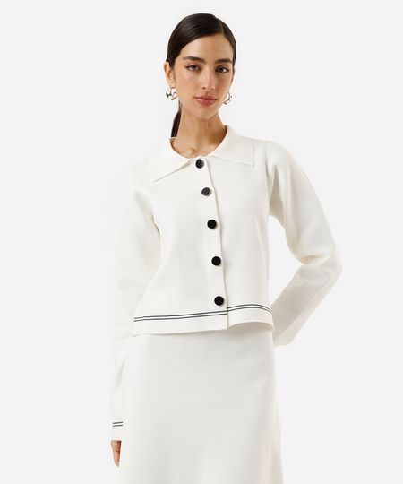 casaco feminino de tricot com listras off white PP casaco feminino de tricot com listras off white PP