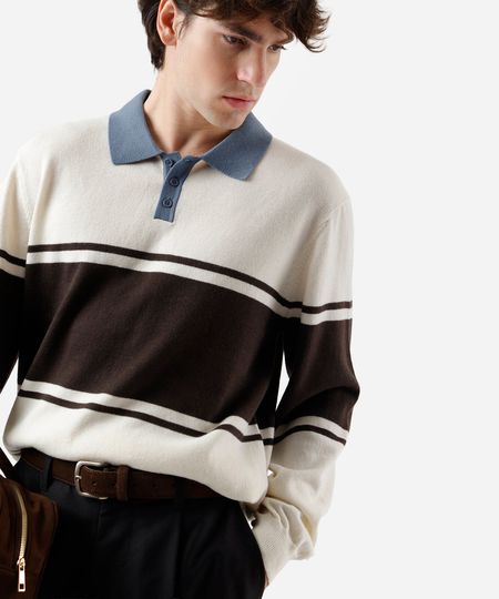 polo masculina de tricot manga longa listrada off white M polo masculina de tricot manga longa listrada off white M