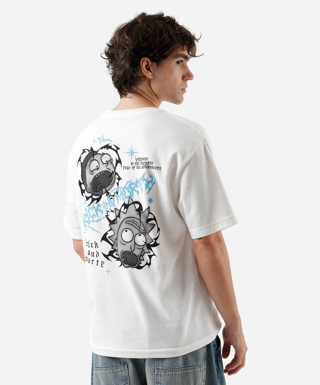 camiseta masculina com algodão rick and morty off white