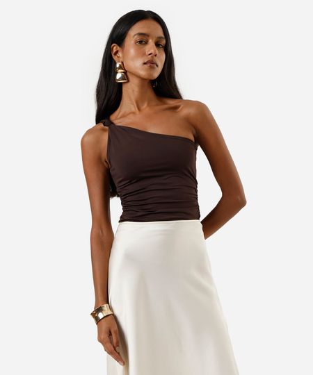 regata ombro único feminina franzida com nó na alça marrom M regata ombro único feminina franzida com nó na alça marrom M