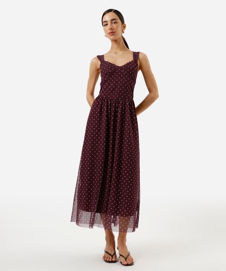 vestido midi feminino de tule poá vinho M