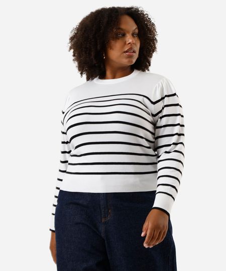 suéter de tricot manga bufante listrada plus size off white GG3 suéter de tricot manga bufante listrada plus size off white GG3