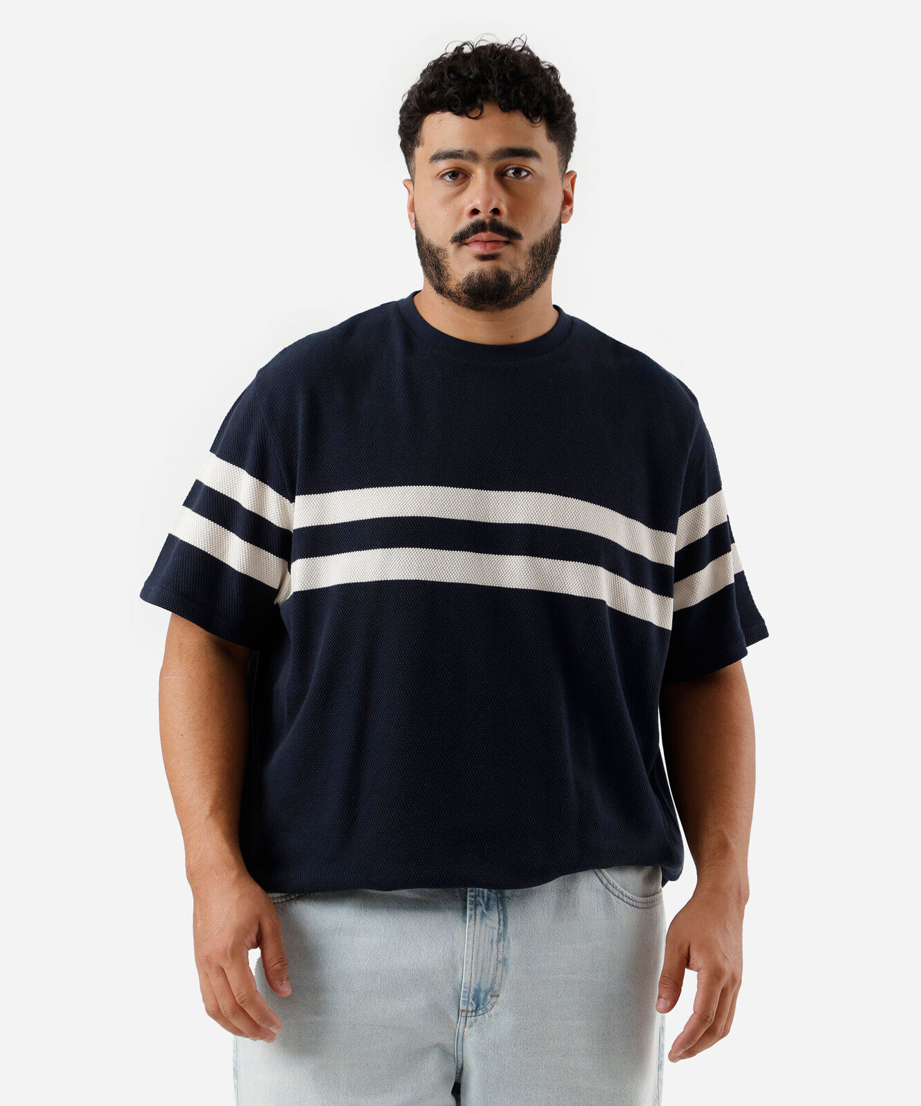 camiseta masculina de algodão listrada texturizada plus size azul