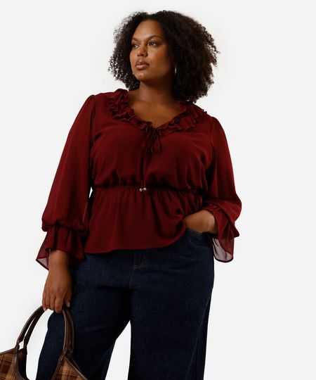 blusa feminina com babados plus size vinho GG