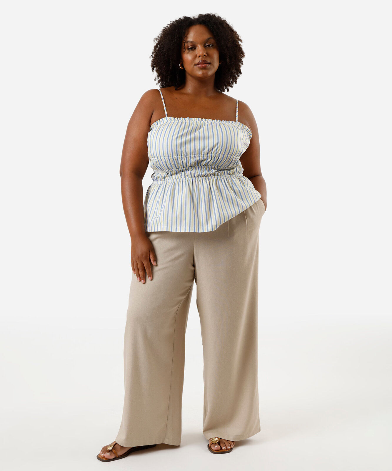 calça wide leg feminina com linho plus size bege