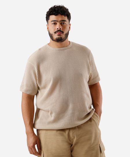 camiseta masculina de tricot texturizada plus size bege GG3