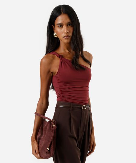 regata ombro único feminina franzida com nó na alça vinho P