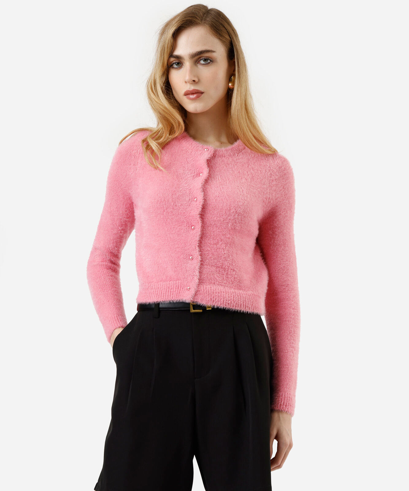 cardigan feminino de tricot texturizado rosa