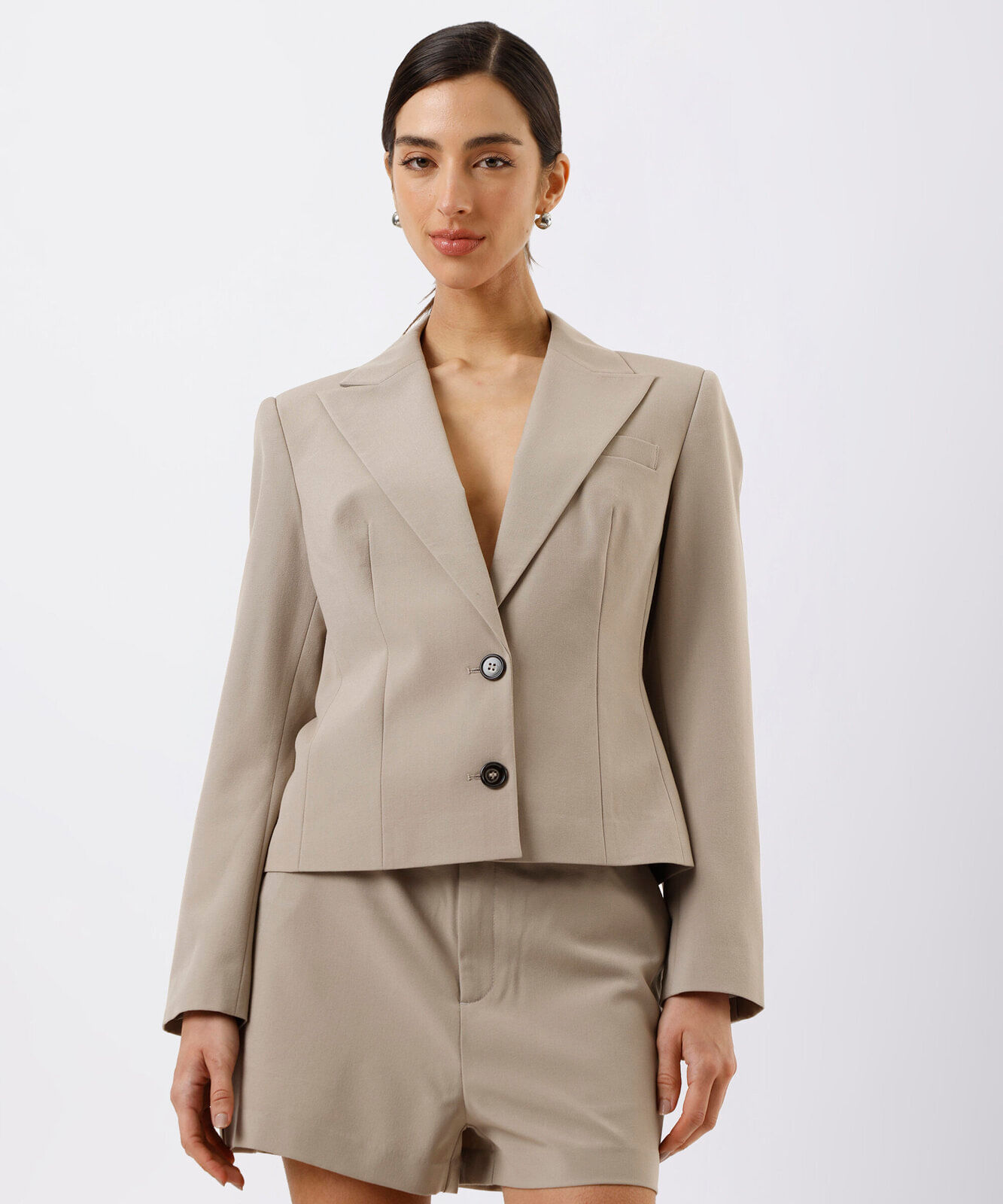 blazer de alfaiataria feminino acinturado cropped mindset bege
