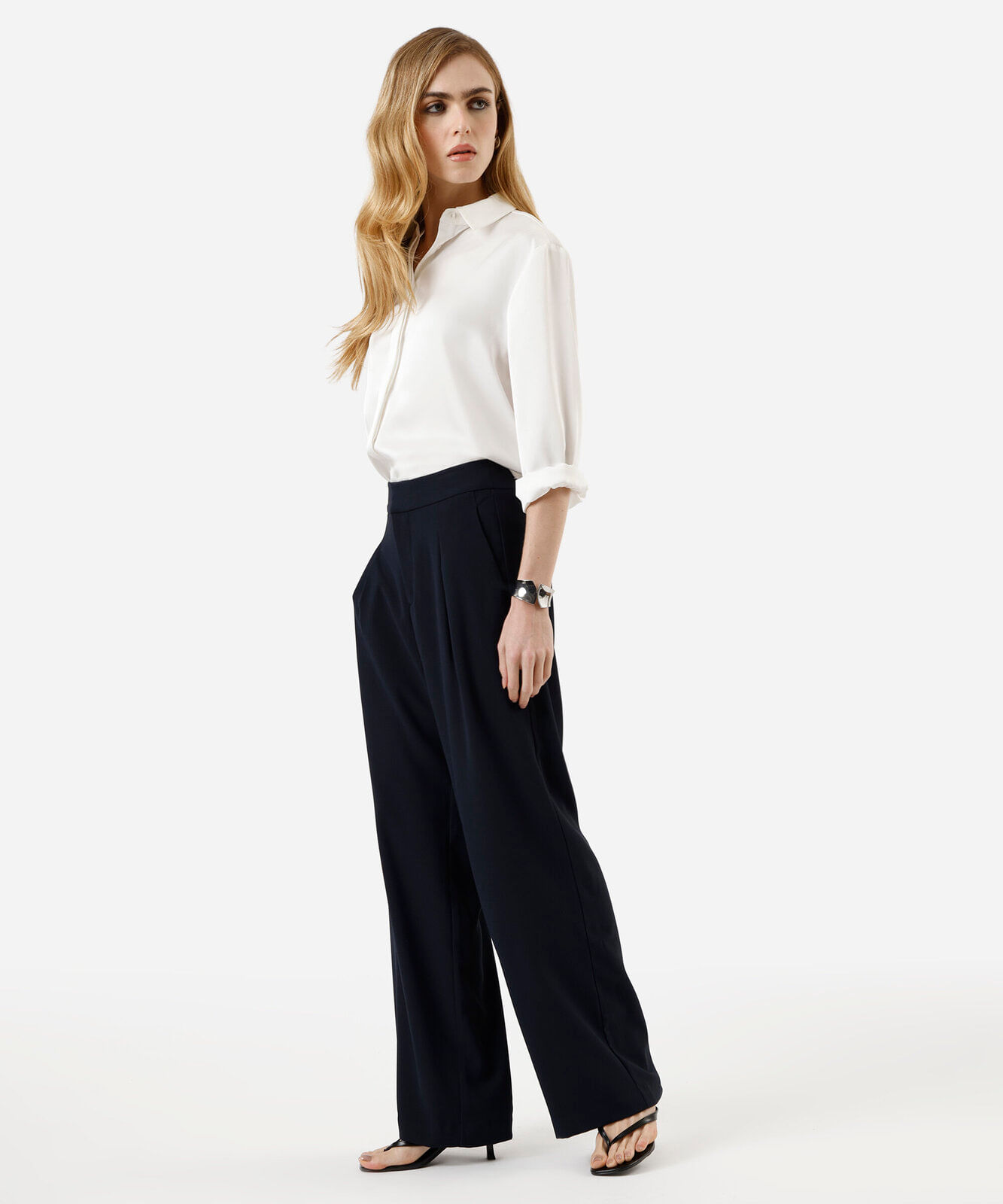 calça wide leg feminina de alfaiataria azul