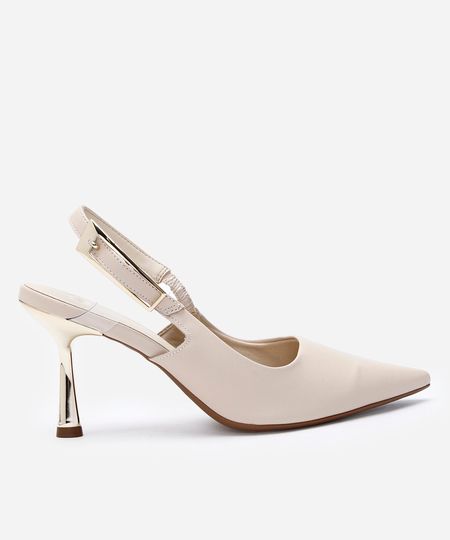 scarpin slingback salto fino com fivela grande bege 36