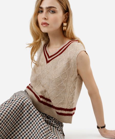 colete feminino de tricot decote v texturizado bege P colete feminino de tricot decote v texturizado bege P