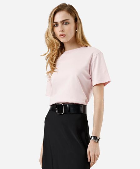 camiseta básica feminina de algodão peruano oversized com fendas rosa GG camiseta básica feminina de algodão peruano oversized com fendas rosa GG