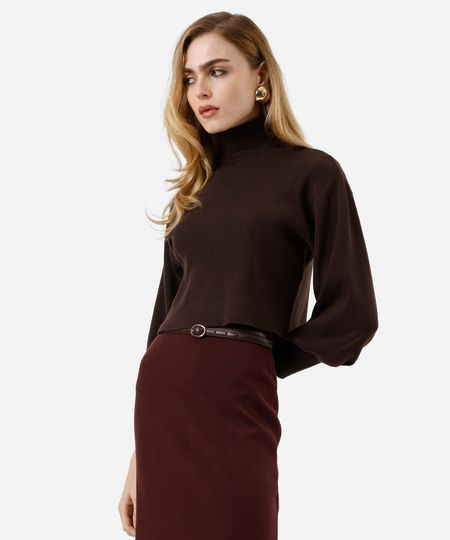 suéter cropped feminino de tricot manga bufante canelado marrom P suéter cropped feminino de tricot manga bufante canelado marrom P