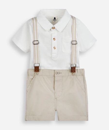 conjunto curto infantil com suspensório bege 6-9