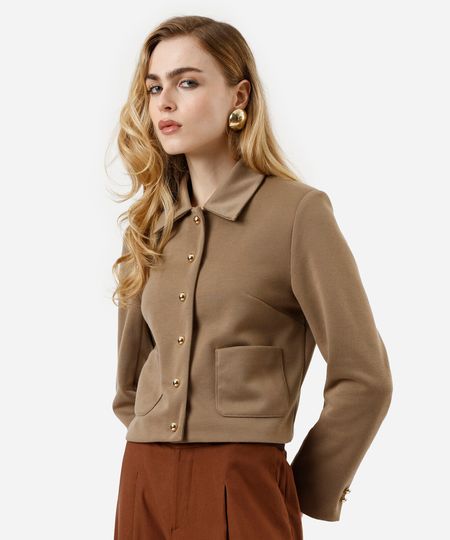 jaqueta feminina com bolsos bege M jaqueta feminina com bolsos bege M