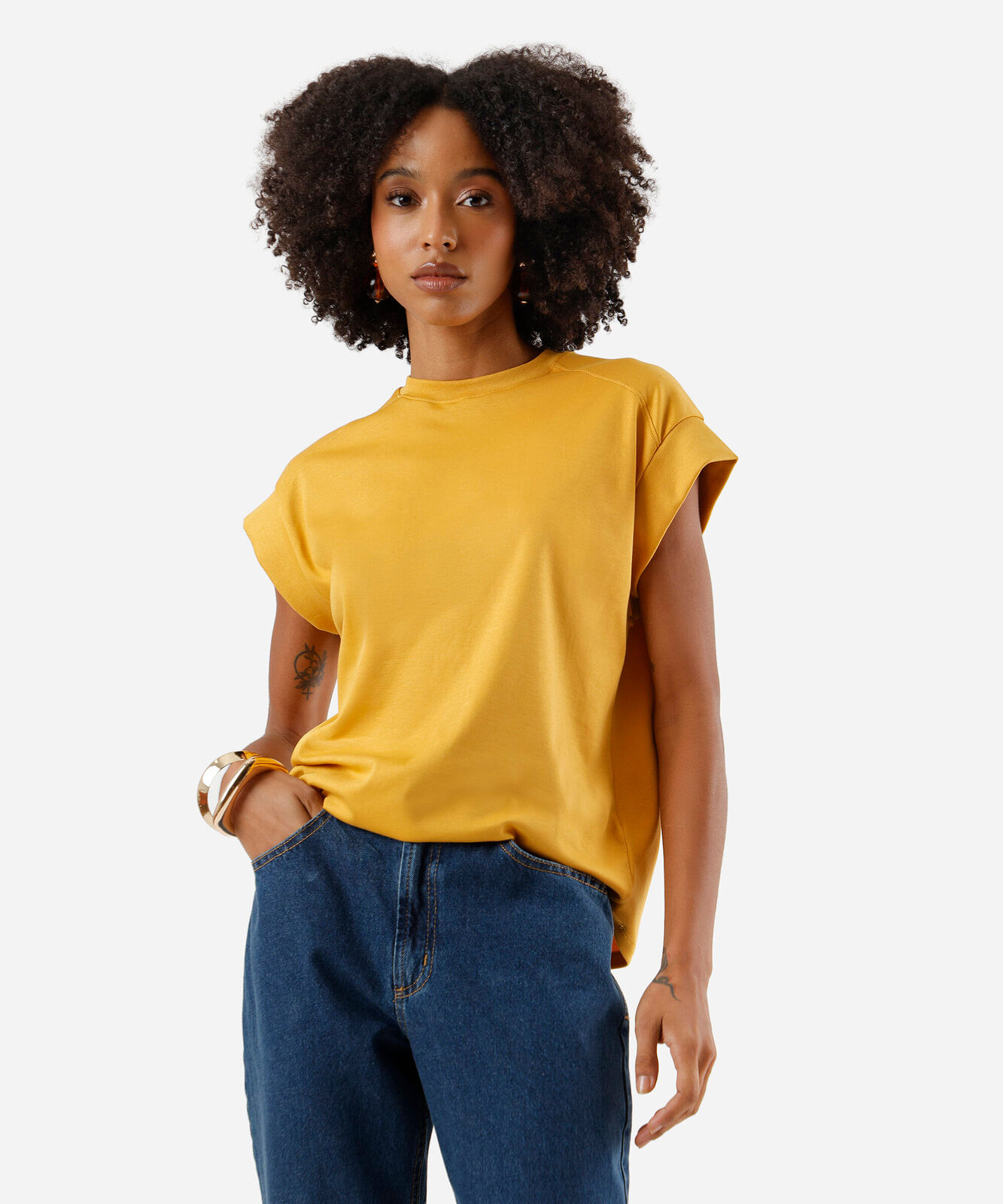 blusa muscle tee feminina de algodão peruano interlock amarela
