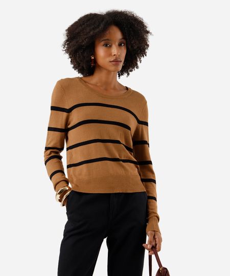 suéter básico feminino de tricot listrado marrom PP suéter básico feminino de tricot listrado marrom PP